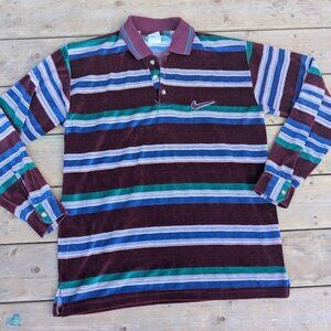 Vintage Nike White Tag Long Sleeve Multi Color Striped Velour Polo Swoosh